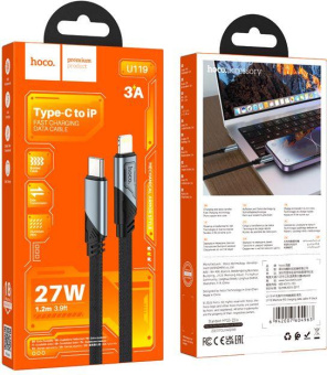 Кабель Hoco U119 Machine PD iP USB Type-C (m)-Lightning (m) 1.2м черный коробка плоский от магазина РЭССИ
