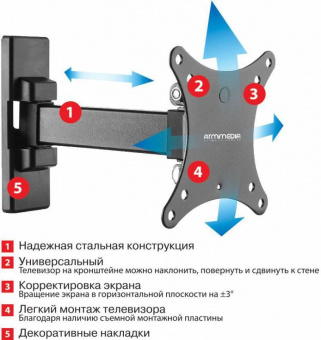 Кронштейн для телевизора Arm Media MARS-1 черный 10"-32" макс.20кг настенный поворот и наклон от магазина РЭССИ