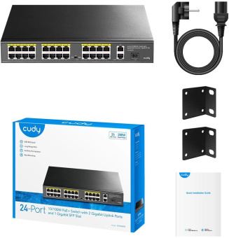 Коммутатор Cudy FS1026PS1 (L2) 24x100Мбит/с 2x1Гбит/с 1SFP 24PoE 24PoE+ 300W неуправляемый от магазина РЭССИ