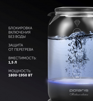 Чайник электрический Polaris PWK 1753CGL 1.5л. 1950Вт черный (корпус: стекло) от магазина РЭССИ