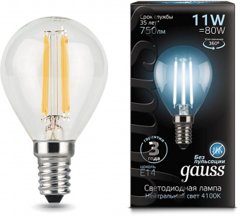 Лампа филам. Gauss Filament 11Вт цок.:E14 шар 220B 4100K св.свеч.бел.ней. (упак.:10шт) (105801211) от магазина РЭССИ