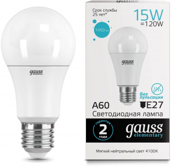 Лампа светодиодная Gauss Elementary 15Вт цок.:E27 груша 220B 4100K св.свеч.бел.ней. A60 (упак.:10шт) (23225) от магазина РЭССИ