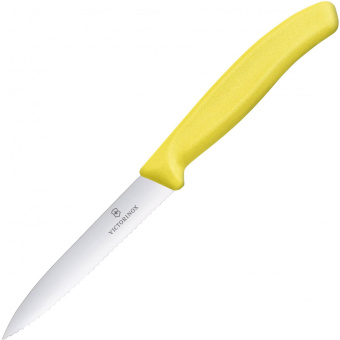 Нож кухонный Victorinox Swiss Classic (6.7736.L8) стальной для чистки овощей и фруктов лезв.100мм серрейт. заточка желтый без упаковки от магазина РЭССИ