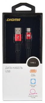 Кабель Digma TYPE-C-1.2M-FLAT-BLK USB (m)-USB Type-C (m) 1.2м черный/красный плоский от магазина РЭССИ