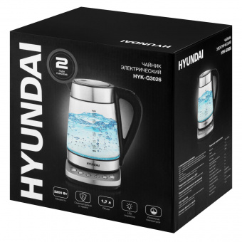 Чайник электрический Hyundai HYK-G3026 1.7л. 2200Вт серебристый/черный (корпус: стекло) от магазина РЭССИ