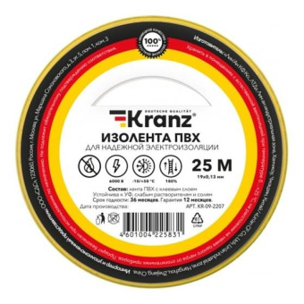Изолента ПВХ KRANZ 013х19 мм 25 м желто-зеленая KR-09-2207 от магазина РЭССИ