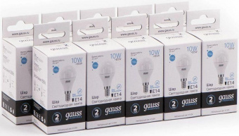 Лампа светодиодная Gauss Elementary 10Вт цок.:E14 шар 220B 4100K св.свеч.бел.ней. (упак.:10шт) (53120) от магазина РЭССИ