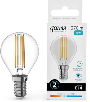 Лампа филам. Gauss Filament 10Вт цок.:E14 шар св.свеч.бел.нейт. (упак.:10шт) (52120) от магазина РЭССИ