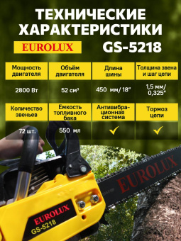 Бензопила Eurolux GS-5218 2800Вт 3.8л.с. дл.шины:18" (45cm) (70/6/26) от магазина РЭССИ