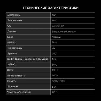 Телевизор LED Hyundai 55" H-LED55BU7009 Android TV Frameless Metal черный 4K Ultra HD 60Hz MEMC DVB-T DVB-T2 DVB-C DVB-S DVB-S2 USB WiFi Smart TV от магазина РЭССИ
