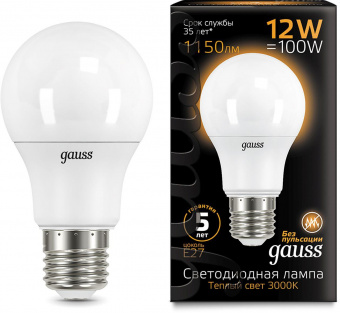 Лампа светодиодная Gauss A60 12Вт цок.:E27 шар 220B 3000K св.свеч.бел.теп. A60 (упак.:10шт) (102502112) от магазина РЭССИ