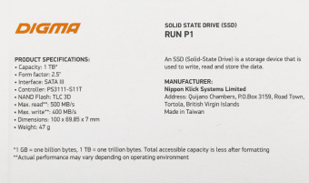 Накопитель SSD Digma SATA III 1Tb DGSR2001TP13T Run P1 2.5" от магазина РЭССИ