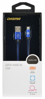 Кабель Digma MICROUSB-0.15M-BL USB (m)-micro USB (m) 0.15м синий от магазина РЭССИ