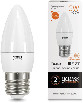 Лампа светодиодная Gauss Elementary 6Вт цок.:E27 свеча 220B 2700K св.свеч.бел.теп. С35 (упак.:1шт) (33216) от магазина РЭССИ