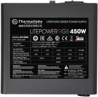 Блок питания Thermaltake ATX 450W Litepower RGB 450 (24+4+4pin) APFC PPFC 120mm fan color LED 4xSATA RTL от магазина РЭССИ