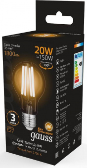 Лампа светодиодная Gauss Filament 102902120 20Вт цок.:E27 груша 220B 2700K св.свеч.бел.теп. (упак.:1шт) от магазина РЭССИ