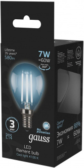 Лампа светодиодная Gauss Filament 7Вт цок.:E14 шар 220B 4100K св.свеч.бел.ней. P45 (упак.:1шт) (105801207) от магазина РЭССИ