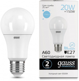 Лампа светодиодная Gauss Elementary 20Вт цок.:E27 груша 220B 6500K св.свеч.бел.хол. A60 (упак.:10шт) (23239) от магазина РЭССИ
