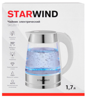 Чайник электрический Starwind SKG2011 1.7л. 2200Вт белый/серебристый корпус: стекло/металл/пластик от магазина РЭССИ
