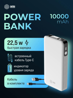 Мобильный аккумулятор Cactus CS-PBFSPA-10000 10000mAh 22.5W 4.5A 2xUSB-C белый от магазина РЭССИ