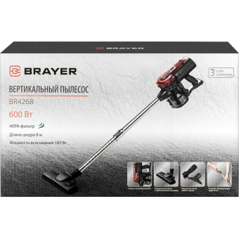 Вертикальный пылесос BRAYER 4268BR 600 Вт всасывание 185 Вт 0.8 л универсальная щётка шнура 8 м BR4268 от магазина РЭССИ