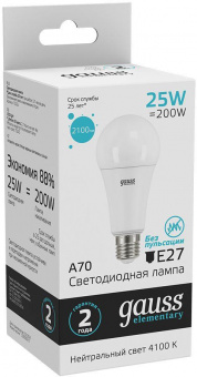 Лампа светодиодная Gauss Elementary 25Вт цок.:E27 груша 220B 4100K св.свеч.бел.ней. A67 (упак.:10шт) (73225) от магазина РЭССИ