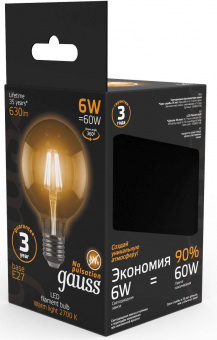 Лампа светодиодная Gauss Filament G95 6Вт цок.:E27 шар 220B 2700K св.свеч.бел.теп. (упак.:1шт) (105802106) от магазина РЭССИ