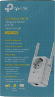 TP-Link TL-WA860RE 300Mbps Wireless N Wall Plugged Range Extender with AC Passthrough, QCA(Atheros), 2T2R, 2.4GHz, 802.11n/g/b, 1 100/10Mbps LAN port, Ranger Extender button, Range extender mode, 2 fixed antennas,  support IGMP Snooping for IPTV от магазина РЭССИ