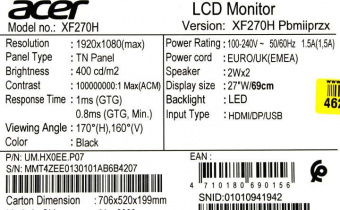 Монитор Acer 27" XF270HPbmiiprzx черный TN LED 1ms 16:9 HDMI M/M матовая HAS Pivot 1000:1 400cd 170гр/160гр 1920x1080 DisplayPort FHD USB 8.02кг от магазина РЭССИ