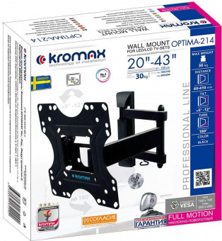 Кронштейн для телевизора Kromax OPTIMA-214 черный 20"-43" макс.30кг настенный поворотно-выдвижной и наклонный от магазина РЭССИ