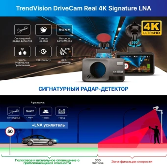 Видеорегистратор с радар-детектором TrendVision DriveCam Real 4K Signature LNA GPS ГЛОНАСС от магазина РЭССИ