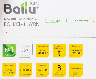 Радиатор масляный Ballu Classic BOH/CL-11WRN 2200Вт белый/черный от магазина РЭССИ