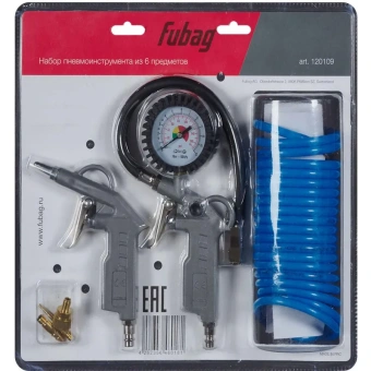 Набор пневмоинструмента FUBAG 6 предметов пистолет для накачки с манометром продувочный пистолет спиральный шланг 5 м насадки для накачки 3 шт. 120109 от магазина РЭССИ