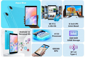 Планшет Teclast P80T A133 (1.6) 4C RAM3Gb ROM32Gb 8" IPS 1280x800 Android 11.0 Go голубой 2Mpix 0.3Mpix BT GPS WiFi Touch microSD 512Gb 4000mAh 5hr от магазина РЭССИ