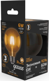 Лампа светодиодная Gauss Filament G95 6Вт цок.:E27 шар 220B 2400K св.свеч.бел.теп. (упак.:1шт) (105802006) от магазина РЭССИ