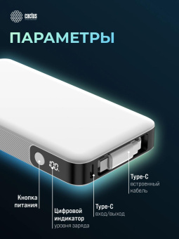 Мобильный аккумулятор Cactus CS-PBFSPA-10000 10000mAh 22.5W 4.5A 2xUSB-C белый от магазина РЭССИ