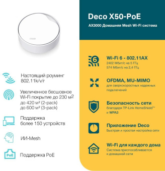 Бесшовный Mesh роутер TP-Link Deco X50-PoE(1-pack) AX3000 1000/2500BASE-T белый от магазина РЭССИ