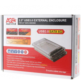 Внешний корпус для HDD/SSD AgeStar 3UB2P4C SATA III USB3.0 пластик прозрачный 2.5" от магазина РЭССИ