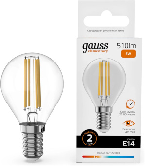 Лампа филам. Gauss Filament 8Вт цок.:E14 шар св.свеч.бел.теп. (упак.:10шт) (52118) от магазина РЭССИ