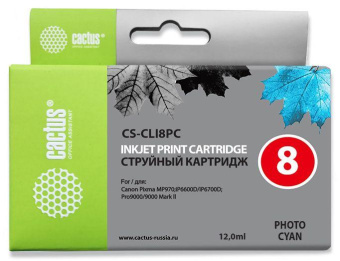 Картридж струйный Cactus CS-CLI8PC светло-голубой (12мл) для Canon Pixma iP6600/iP6600d/iP6700/iP6700d/MP960/MP970/PRO 9000 от магазина РЭССИ