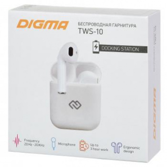 Гарнитура вкладыши Digma TWS-10 белый беспроводные bluetooth в ушной раковине (I9SW) от магазина РЭССИ