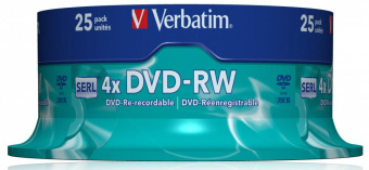Диск DVD-RW Verbatim 4.7Gb 4x Cake Box (25шт) (43639) от магазина РЭССИ