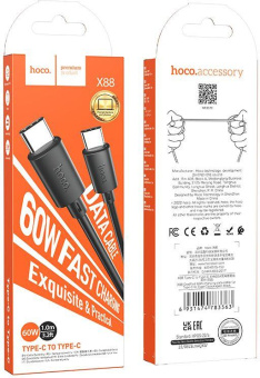 Кабель Hoco X88 Gratified X88 GRATIFIED 60W USB Type-C (m)-USB Type-C (m) 1м черный коробка от магазина РЭССИ