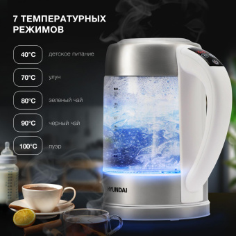 Чайник электрический Hyundai HYK-S5807 1.7л. 2200Вт белый/серебристый корпус: стекло/металл от магазина РЭССИ
