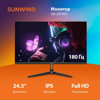 Монитор SunWind 24.5" SM-25FI401 черный IPS LED 3ms 16:9 HDMI матовая 250cd 178гр/178гр 1920x1080 180Hz G-Sync FreeSync DP FHD 3.3кг от магазина РЭССИ