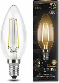Лампа филам. Gauss 9Вт цок.:E14 свеча 220B 2700K св.свеч.бел.теп. C37 (упак.:10шт) (103801109) от магазина РЭССИ
