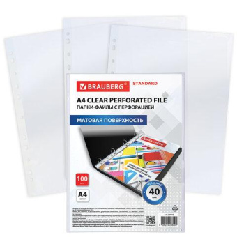 Перфорированные матовые папки-файлы BRAUBERG STANDARD А4 комплект 100 шт 40 мкм 229660 от магазина РЭССИ