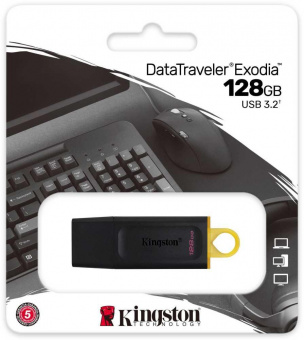 Флеш Диск Kingston 128Gb DataTraveler Exodia DTX/128GB USB3.0 черный/желтый от магазина РЭССИ