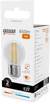 Лампа филам. Gauss Filament 10Вт цок.:E27 шар св.свеч.бел.теп. (упак.:10шт) (52210) от магазина РЭССИ