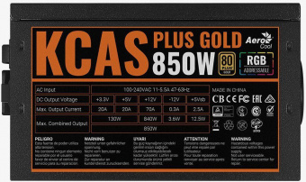 Блок питания Aerocool ATX 850W KCAS PLUS GOLD 850W ARGB 80+ gold 24+2x(4+4) pin APFC 120mm fan color LED 8xSATA RTL от магазина РЭССИ